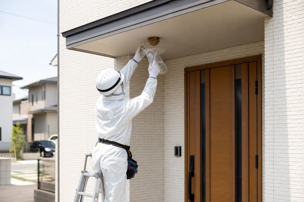 岡崎市大門の建売住宅でアシナガバチ駆除作業中