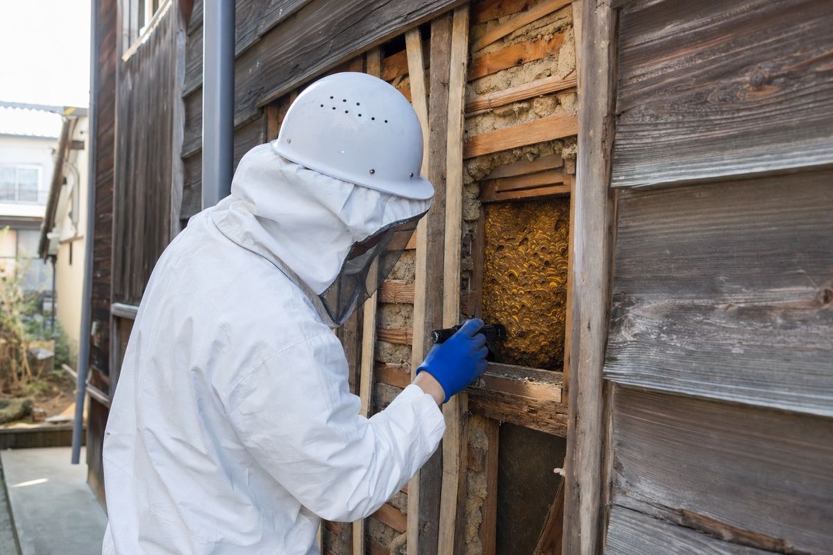 岡崎市東岡崎の木造集合住宅でキイロスズメバチ駆除作業中