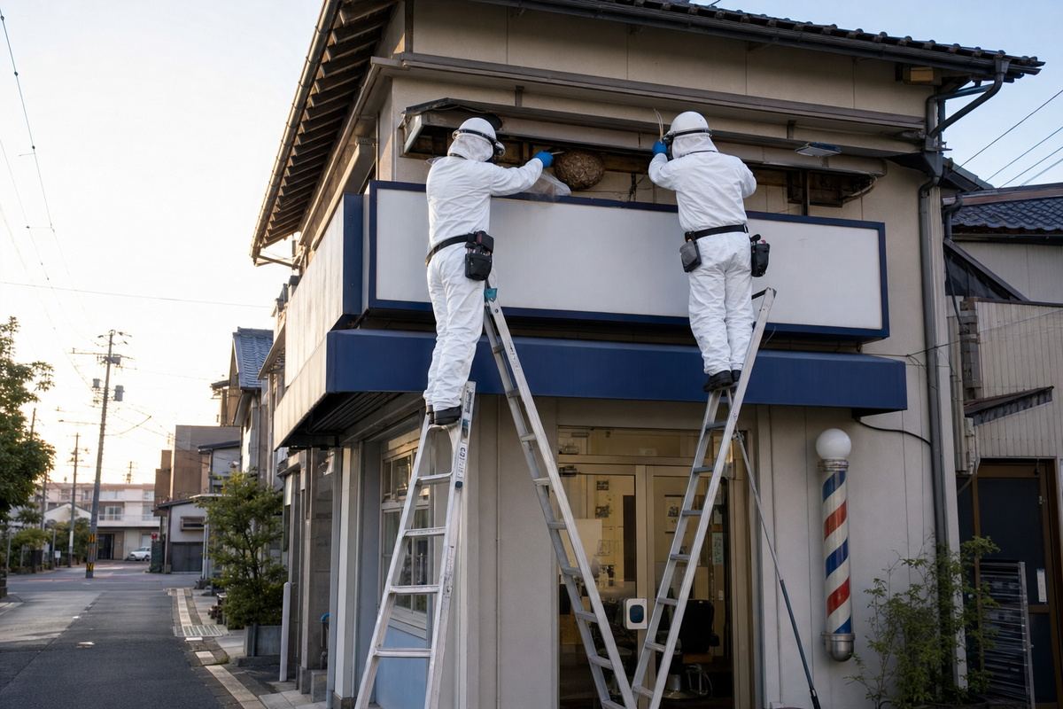 岡崎市中島町の理髪店看板でスズメバチ駆除作業中