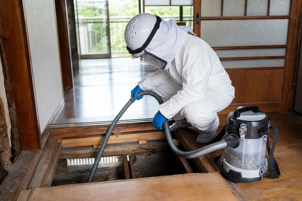 岡崎市鴨田町の古アパート床下でミツバチ駆除作業中