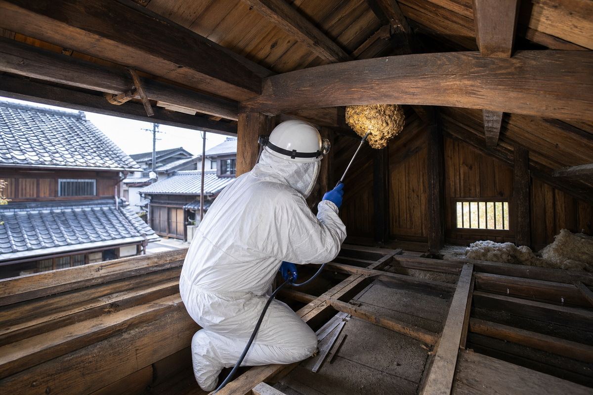 岡崎市中央町の木造長屋でキイロスズメバチ駆除作業中