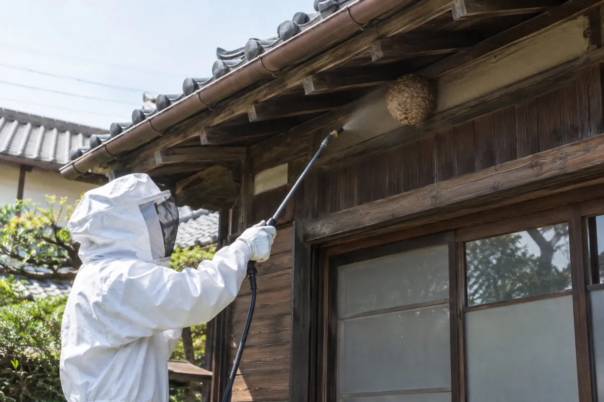 岡崎市井田町の木造一戸建てでスズメバチ駆除作業中