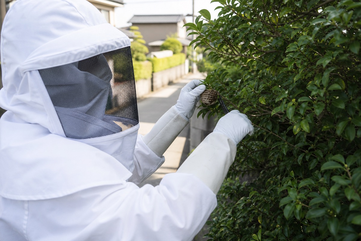 尾張旭市長坂町の住宅街でアシナガバチ駆除作業中