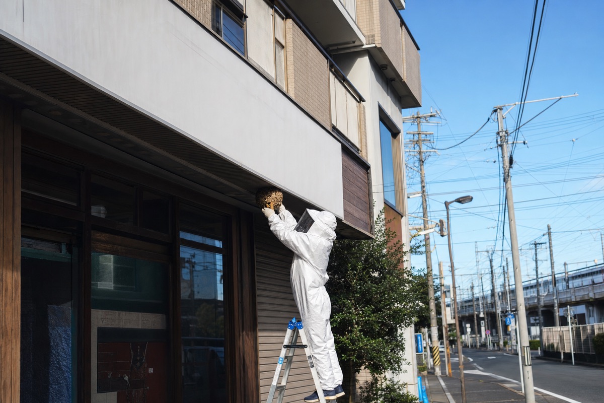 尾張旭市平子町の銀行併用住宅でキイロスズメバチ駆除作業中