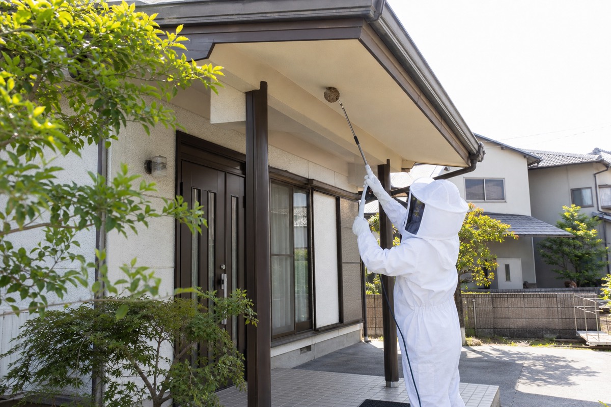 尾張旭市井田町の賃貸戸建でアシナガバチ駆除作業中