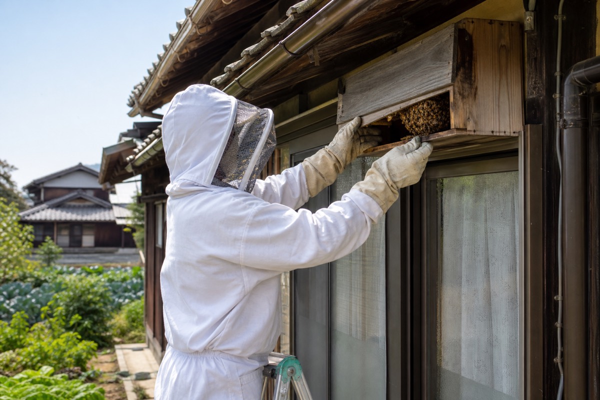 尾張旭市稲葉町の農家住宅でミツバチ駆除作業中