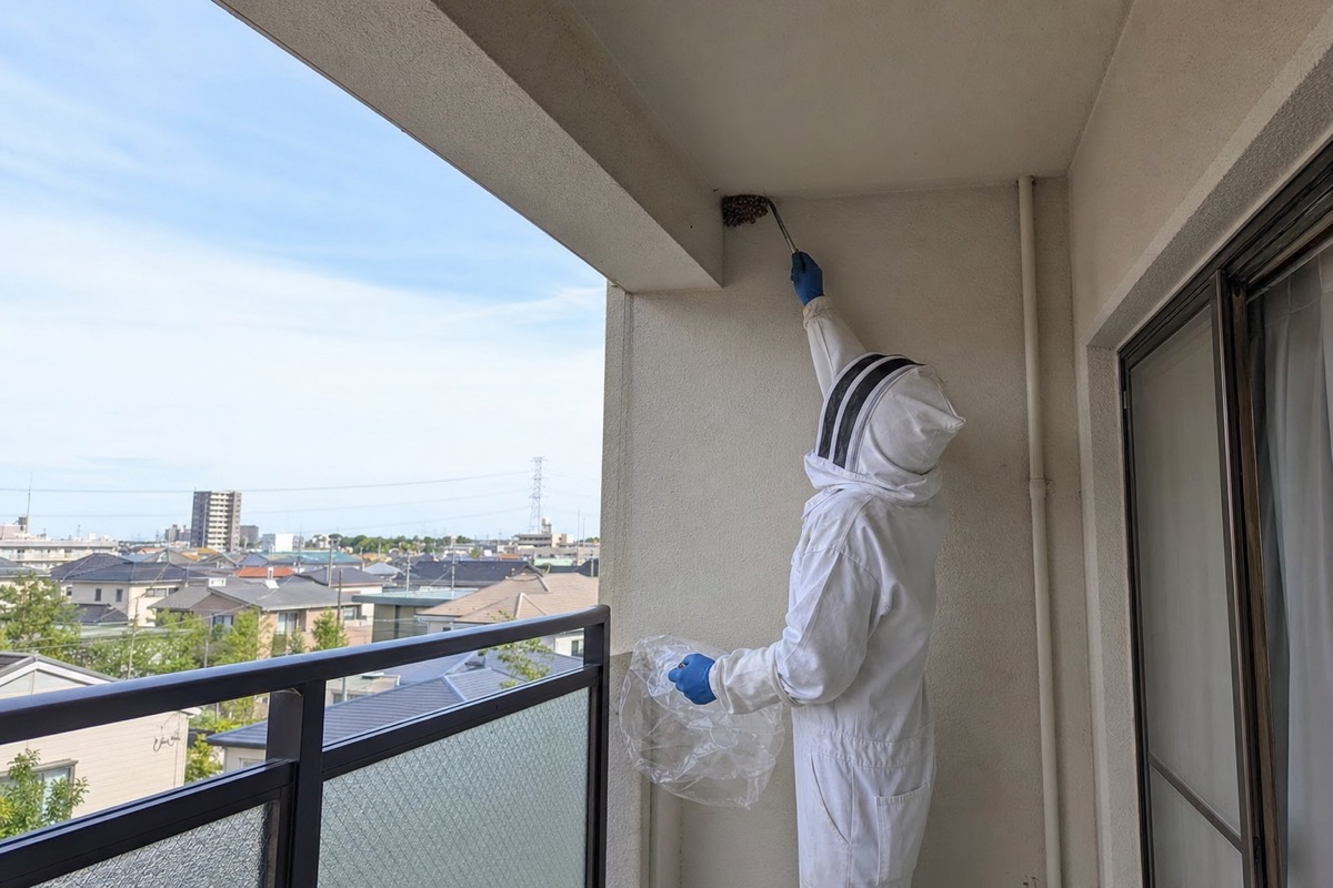 尾張旭市狩宿町のマンションでミツバチ駆除作業中