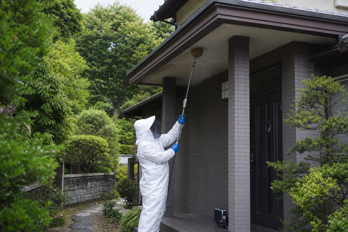 尾張旭市三郷町の城山公園近隣住宅でスズメバチ駆除作業中