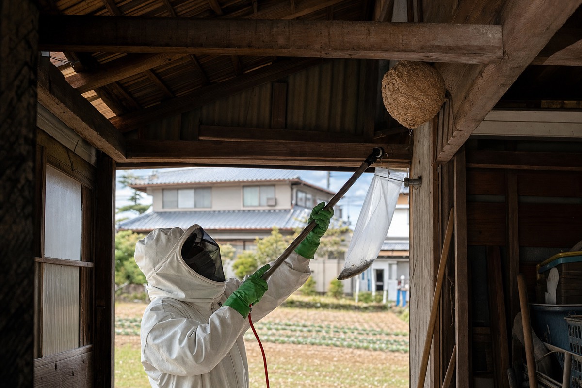 尾張旭市西大道町の農地隣接住宅でオオスズメバチ駆除作業中