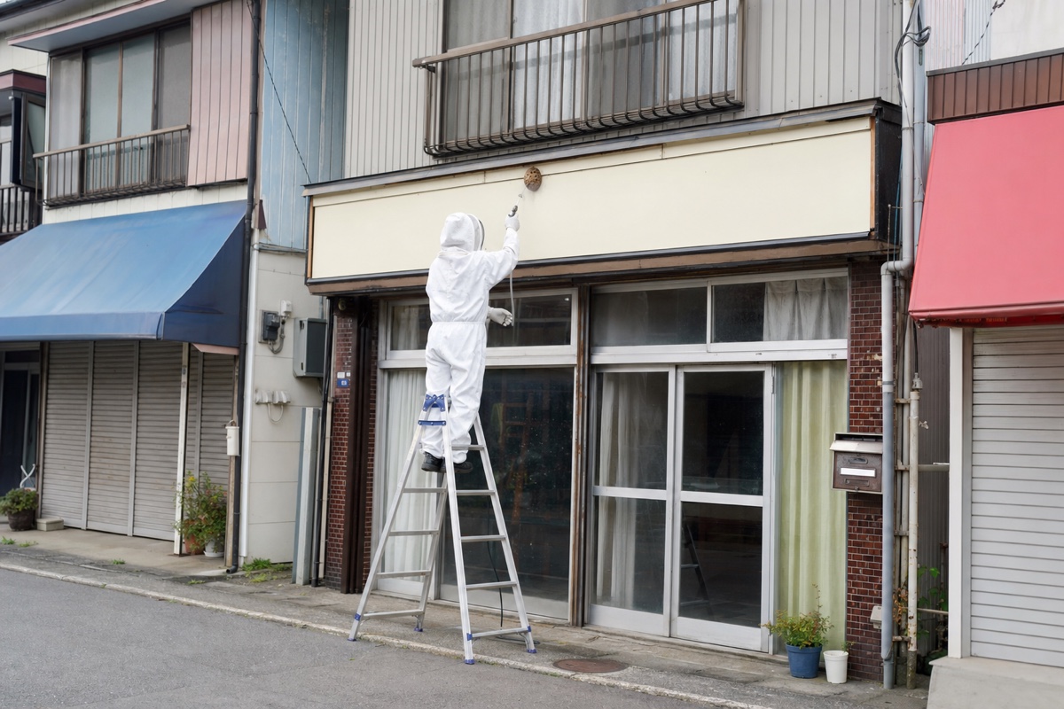 関市東本郷通りの商店街店舗併用住宅でキイロスズメバチ駆除作業中