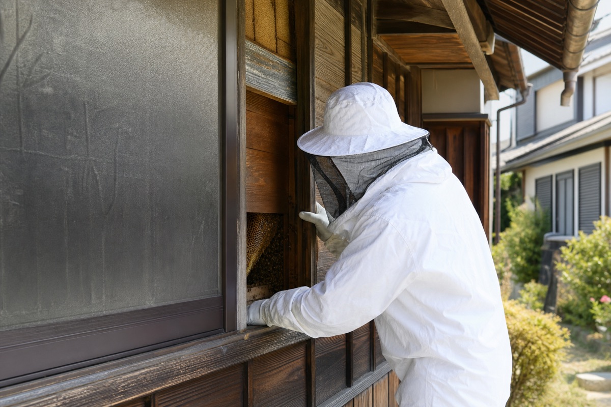 関市東桜町の農家住宅でミツバチ駆除作業中