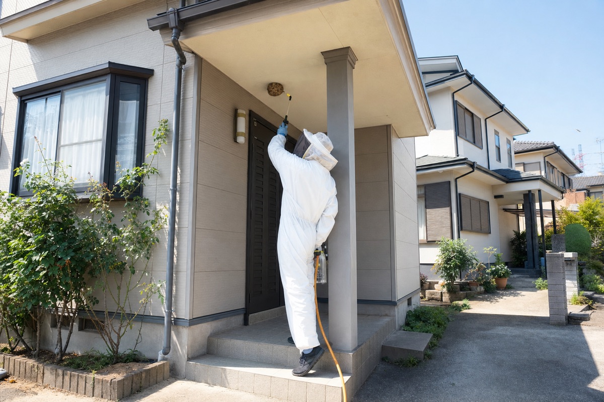 関市田原の住宅街でスズメバチ駆除作業中