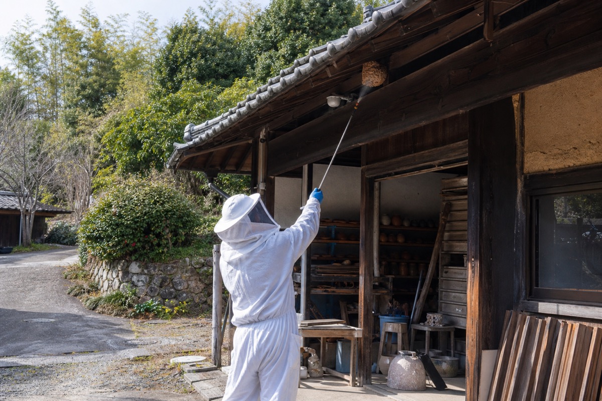 瀬戸市窯町の古民家工房でキイロスズメバチ駆除作業中