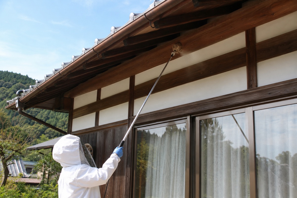 瀬戸市上品野町の山間部住宅でスズメバチ駆除作業中