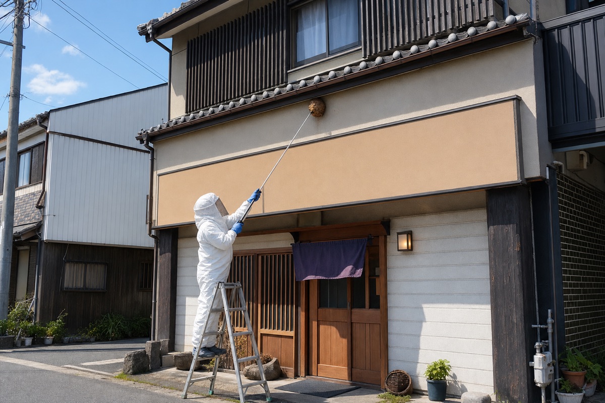 瀬戸市朝日町の店舗併用住宅でオオスズメバチ駆除作業中