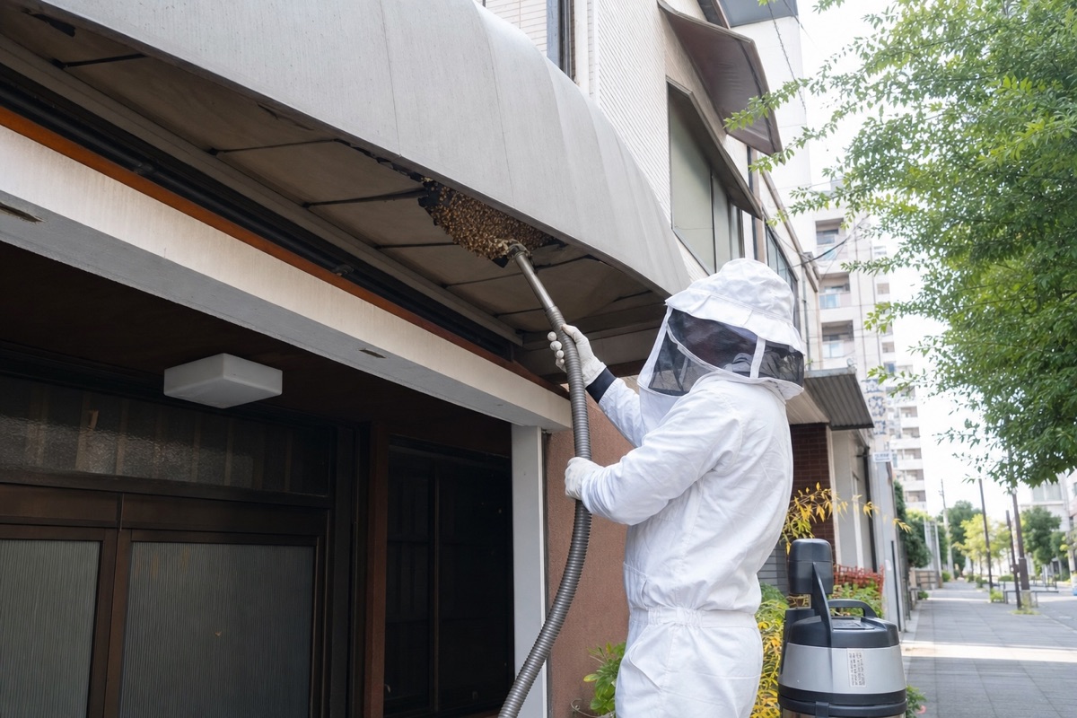 瀬戸市銀座通の駅近住宅でミツバチ駆除作業中