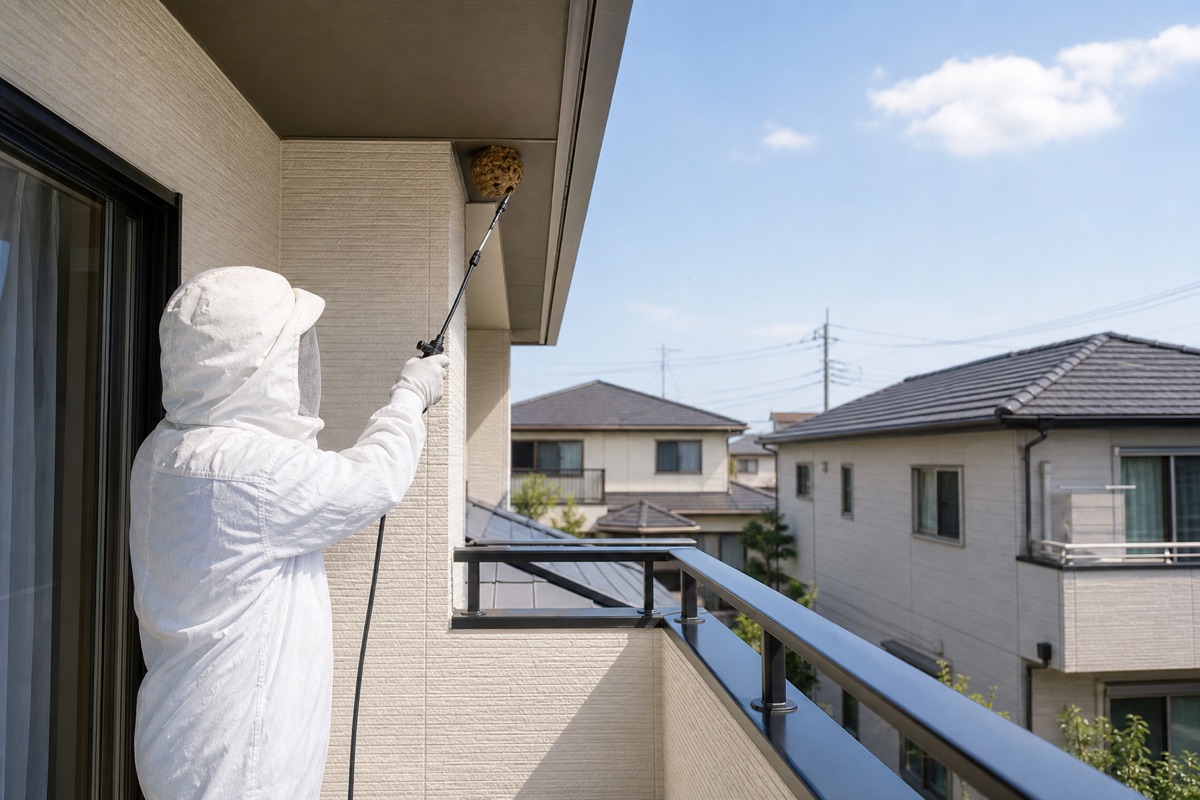 瀬戸市萩山台の新興住宅地でキイロスズメバチ駆除作業中