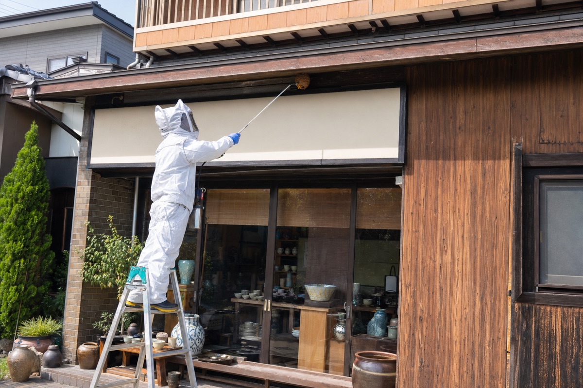 瀬戸市山口町の店舗併用住宅でキイロスズメバチ駆除作業中