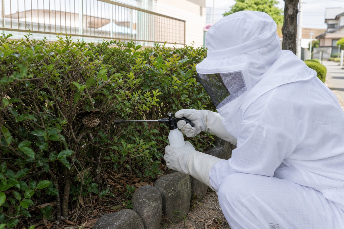 瀬戸市北脇町の保育園隣接住宅でアシナガバチ駆除作業中