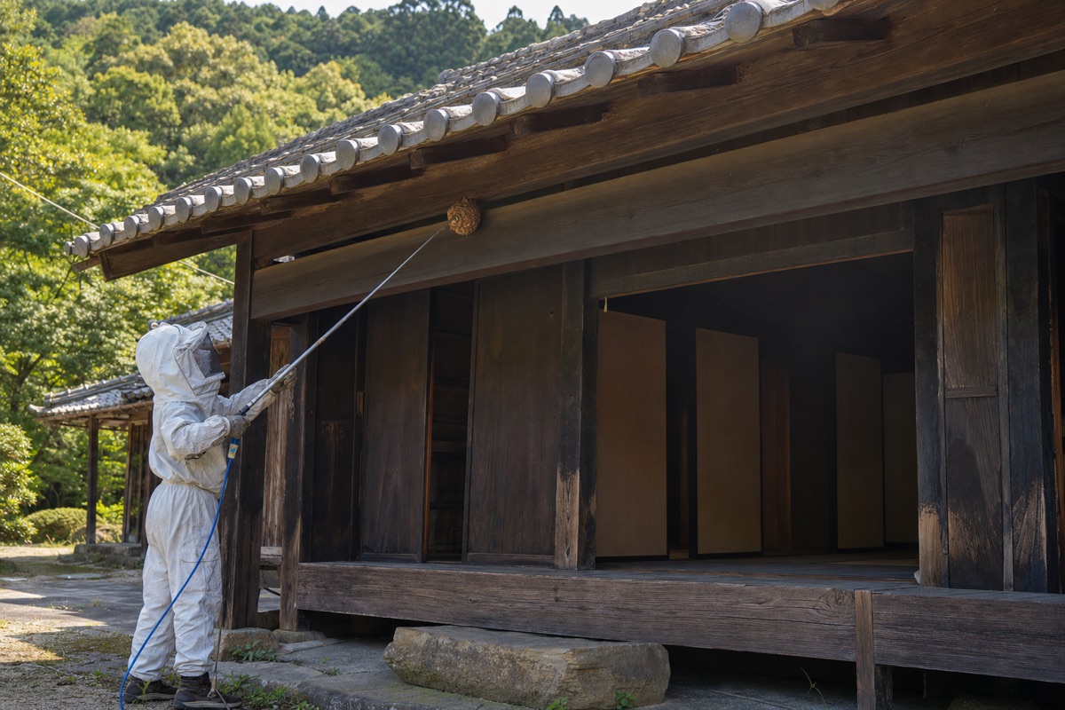 瀬戸市定光寺町の山間部住宅でオオスズメバチ駆除作業中