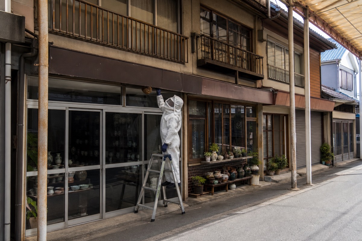 多治見市本町の商店街店舗併用住宅でオオスズメバチ駆除作業中