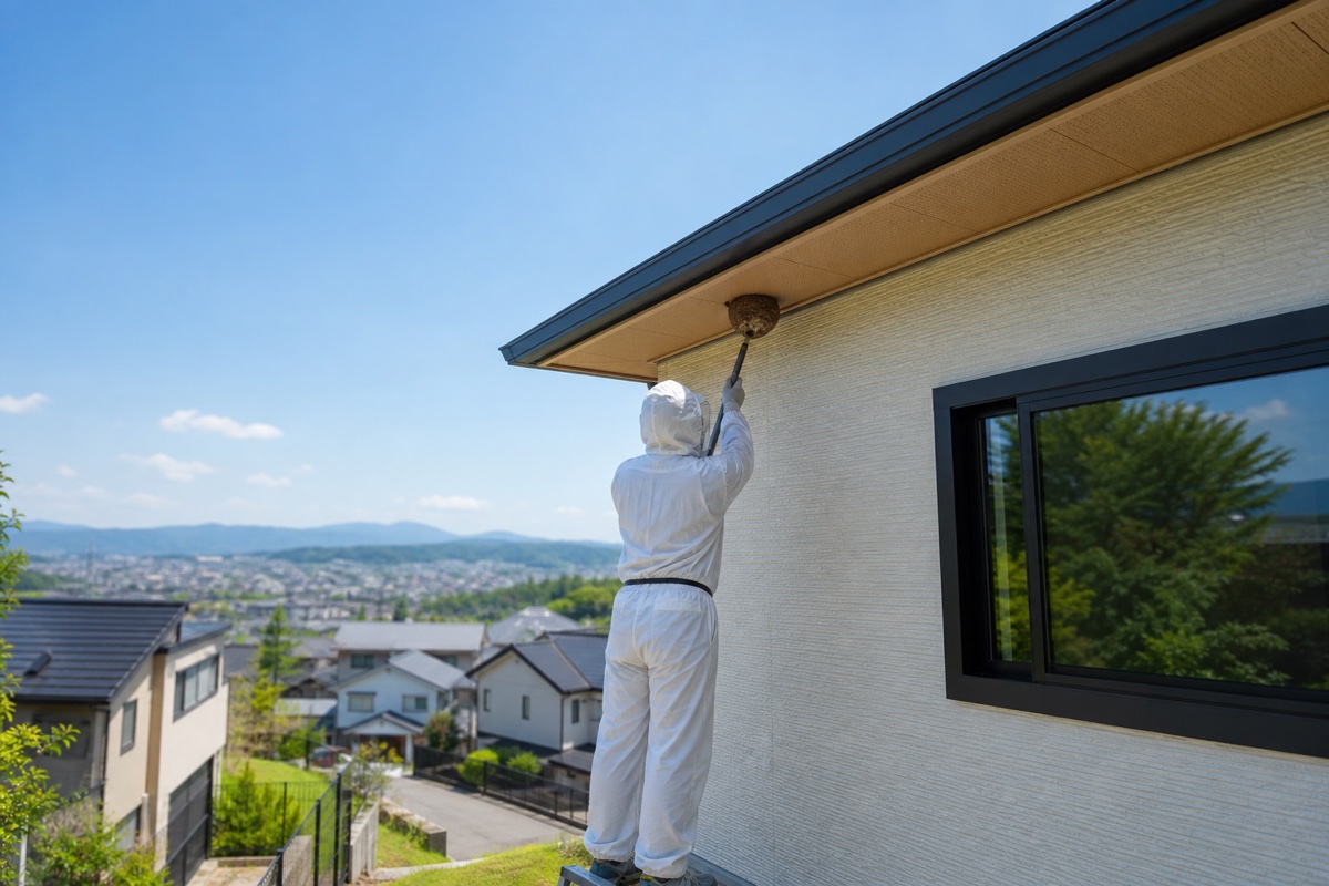 多治見市光ヶ丘の新興住宅地でスズメバチ駆除作業中
