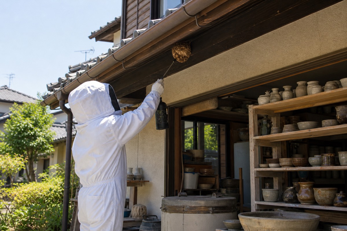 多治見市三の倉町の陶芸工房付き住宅でキイロスズメバチ駆除作業中