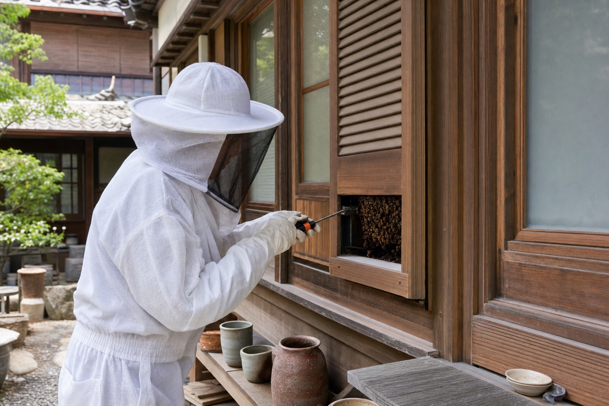 多治見市白山町の美濃焼作家住宅でミツバチ駆除作業中