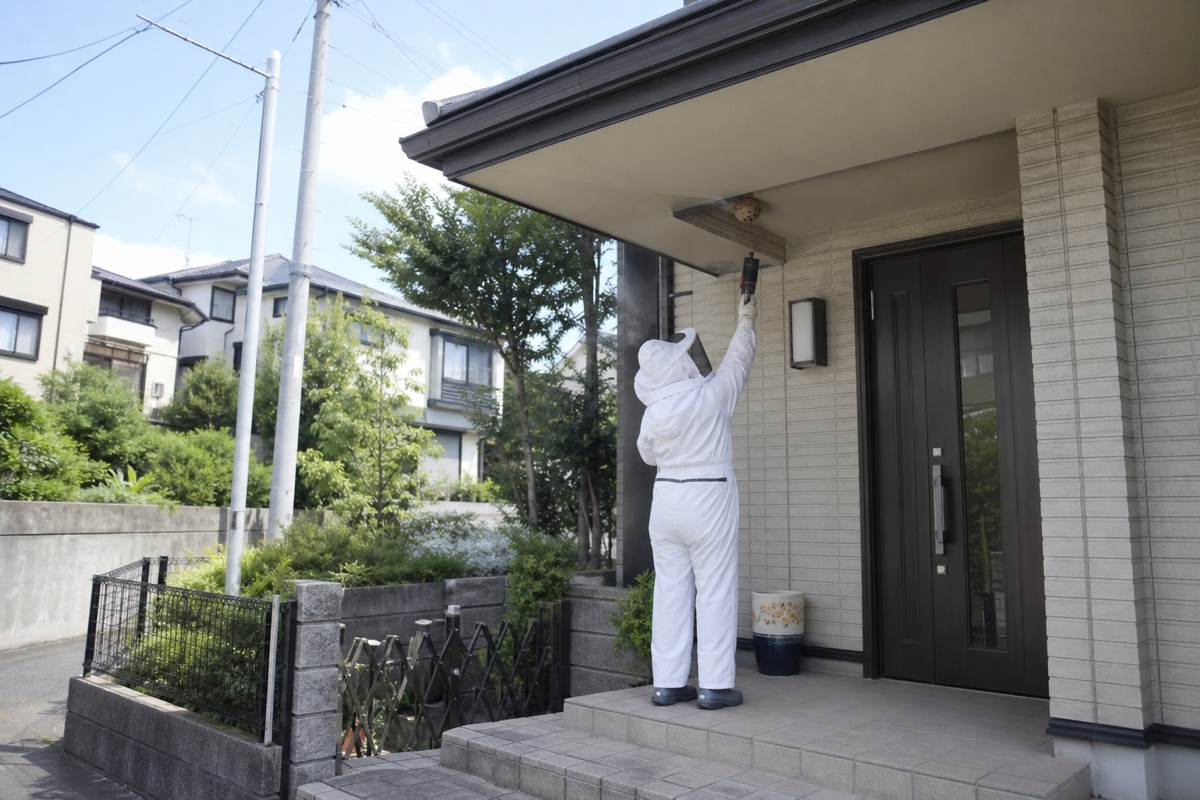 多治見市太平町の住宅街でスズメバチ駆除作業中