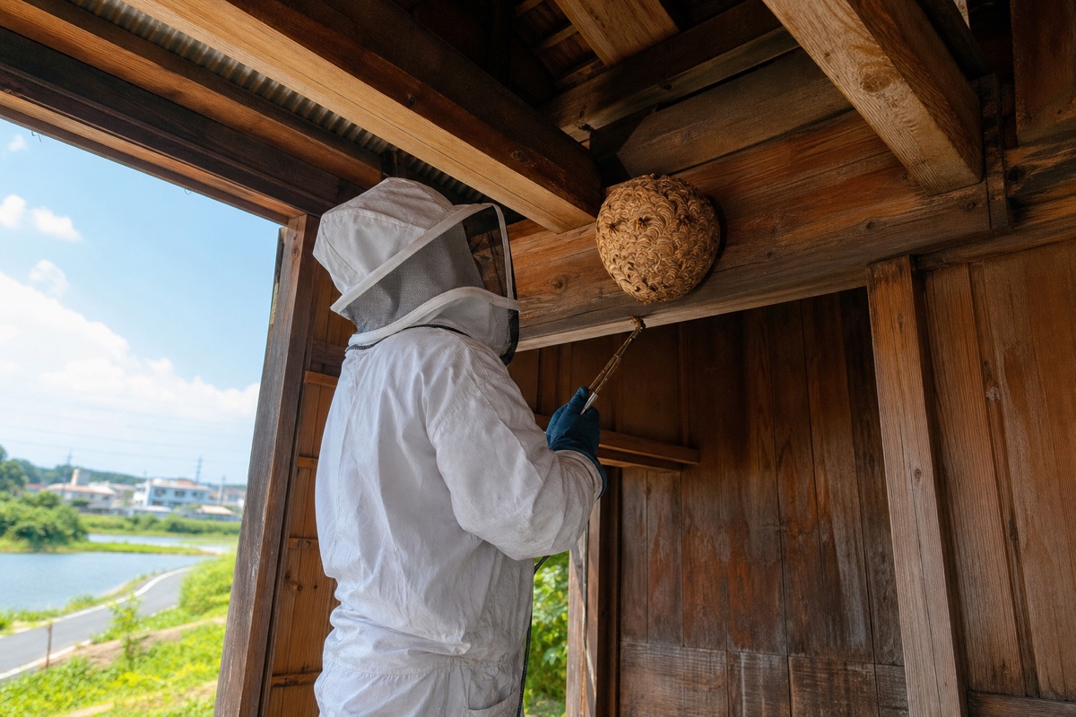 多治見市若松町の土岐川沿い住宅でオオスズメバチ駆除作業中