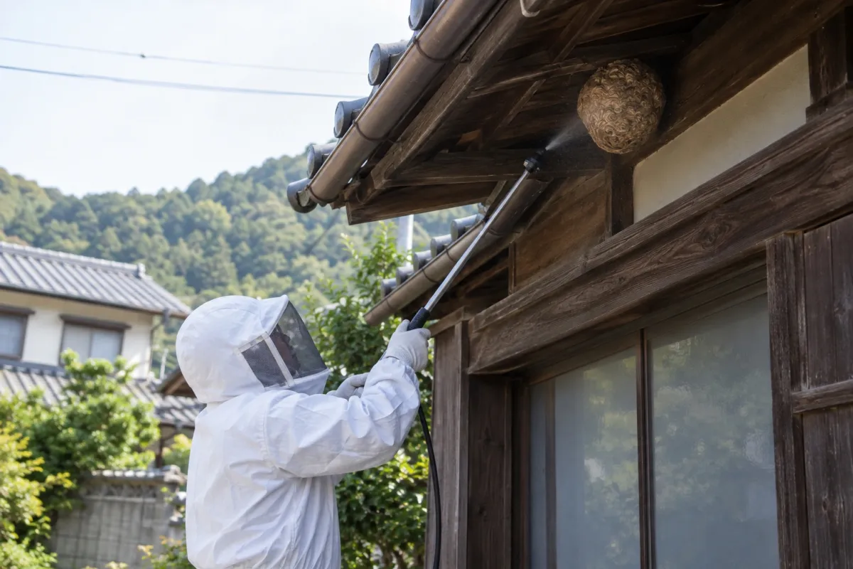多治見市根本町の木造一戸建てでスズメバチ駆除作業中