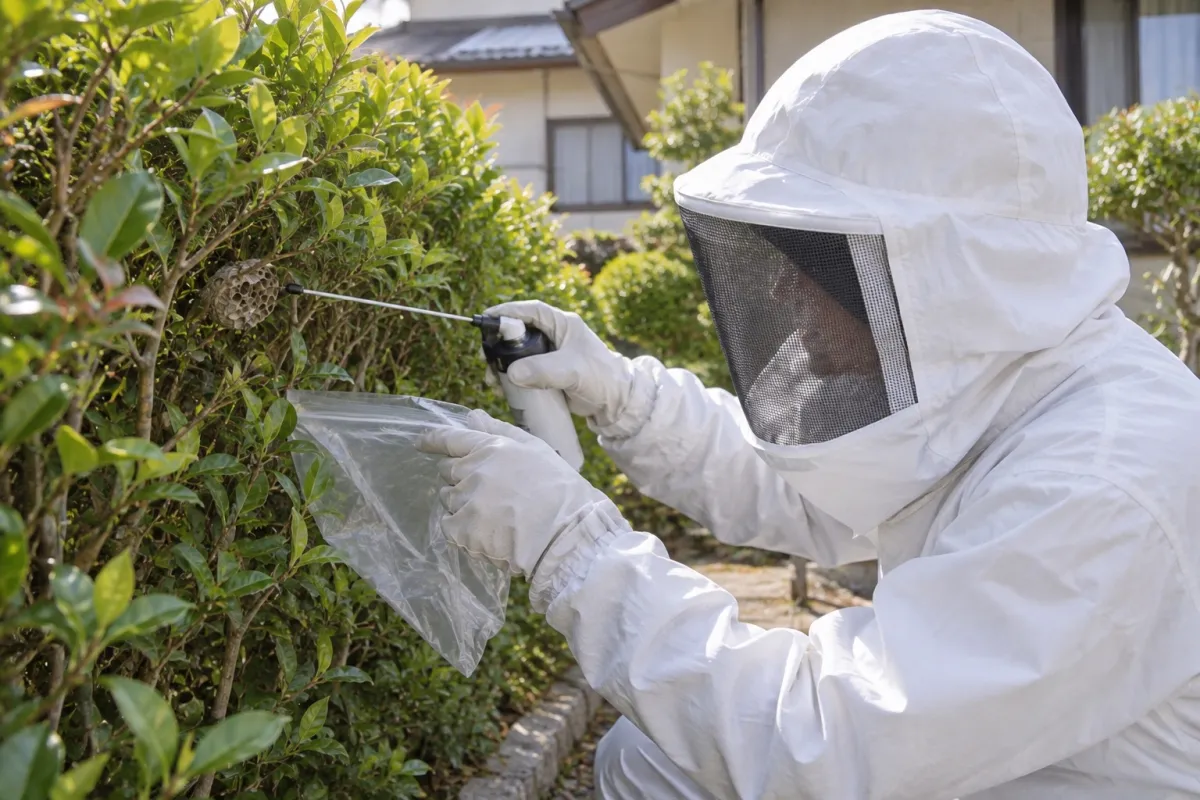 多治見市旭ケ丘の一軒家でアシナガバチ駆除作業中