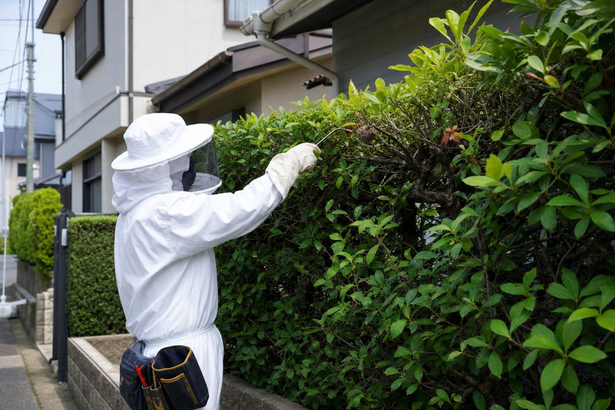 東海市名和町の住宅街でアシナガバチ駆除作業中