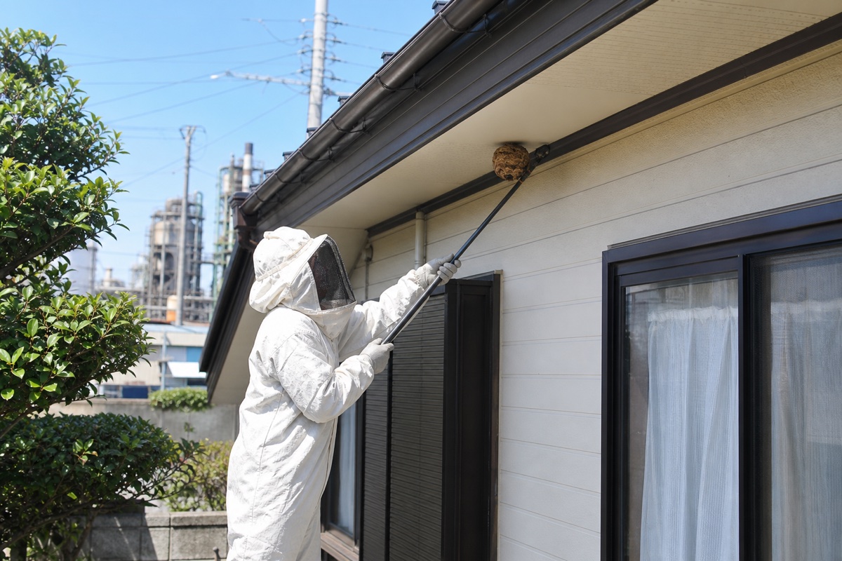 東海市荒尾町の製鉄所近隣住宅でキイロスズメバチ駆除作業中
