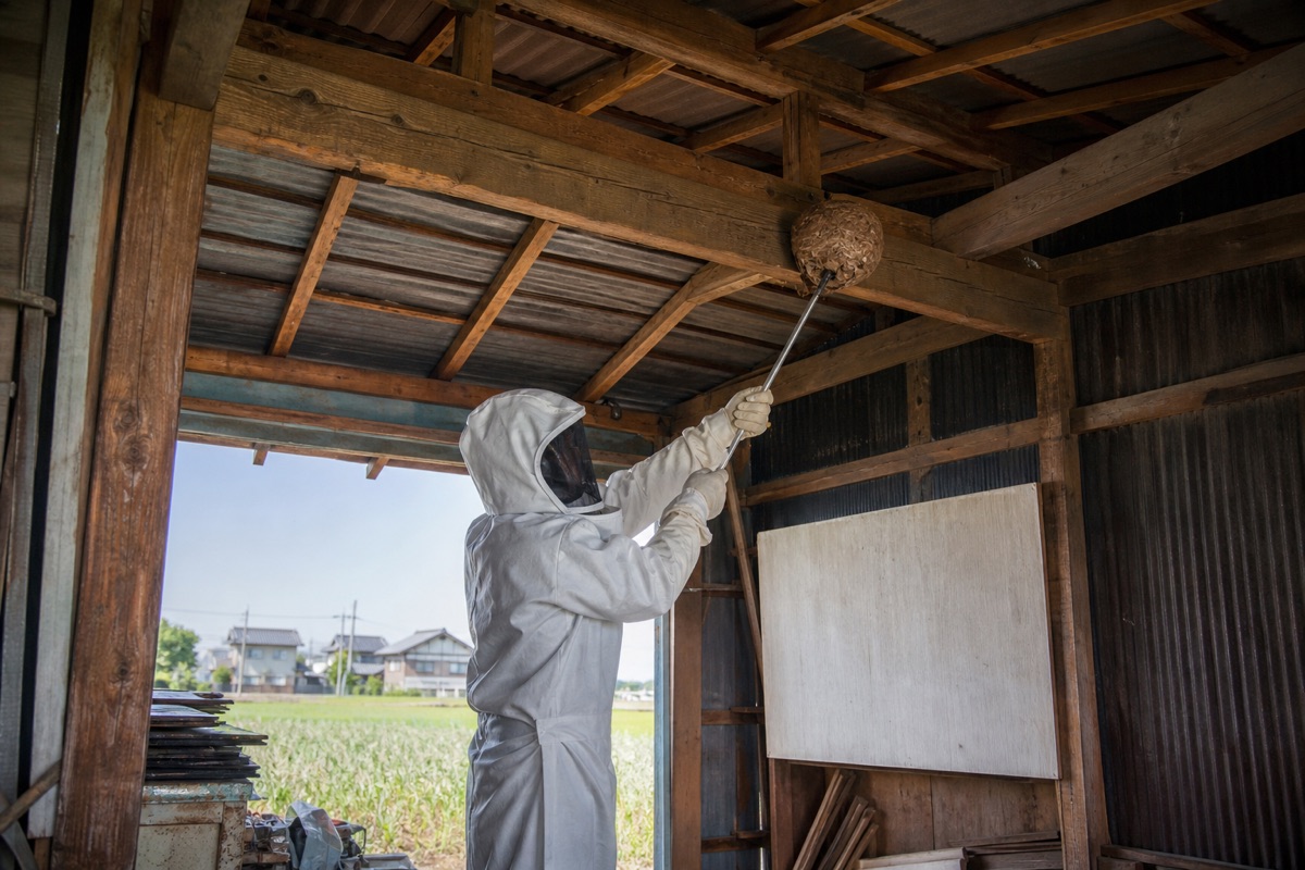 東海市加木屋町北の農地隣接住宅でオオスズメバチ駆除作業中