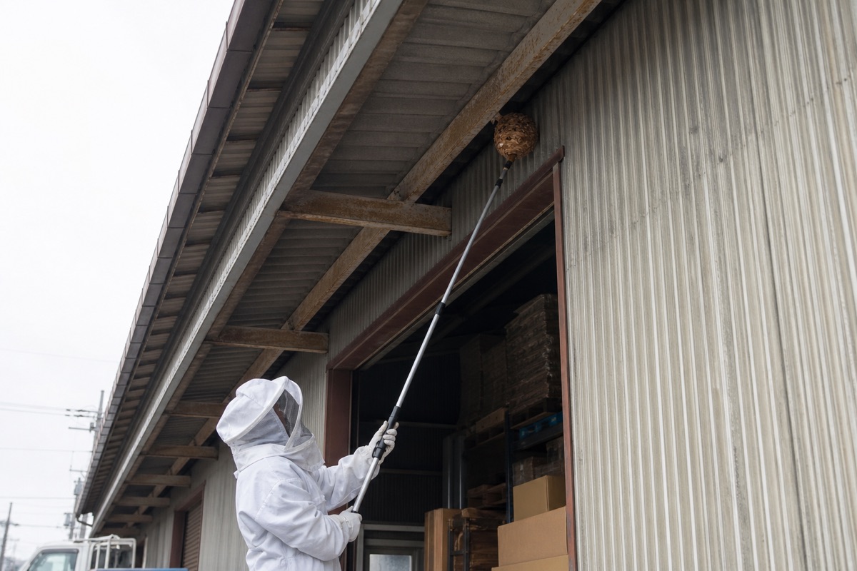 豊明市沓掛町の倉庫軒下でオオスズメバチ駆除作業中