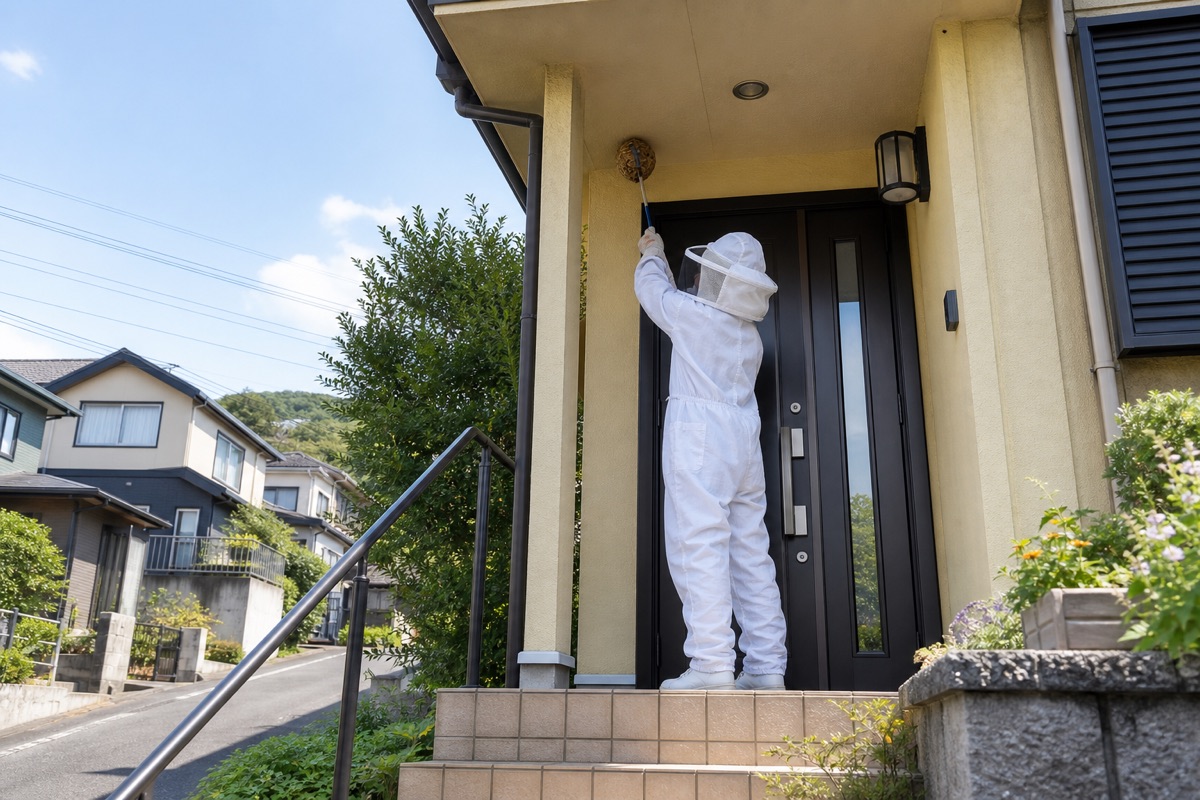 豊明市二村台の住宅街でキイロスズメバチ駆除作業中
