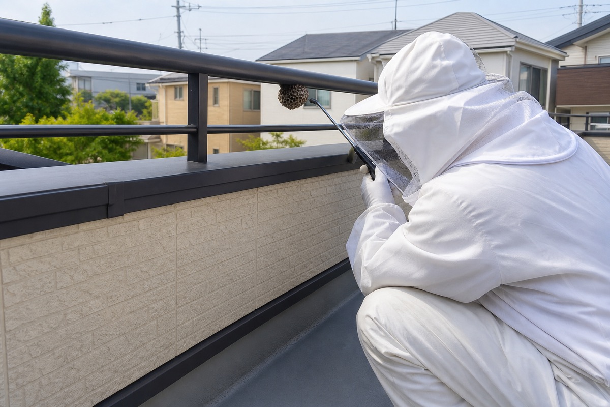 豊明市西川町の分譲住宅でアシナガバチ駆除作業中