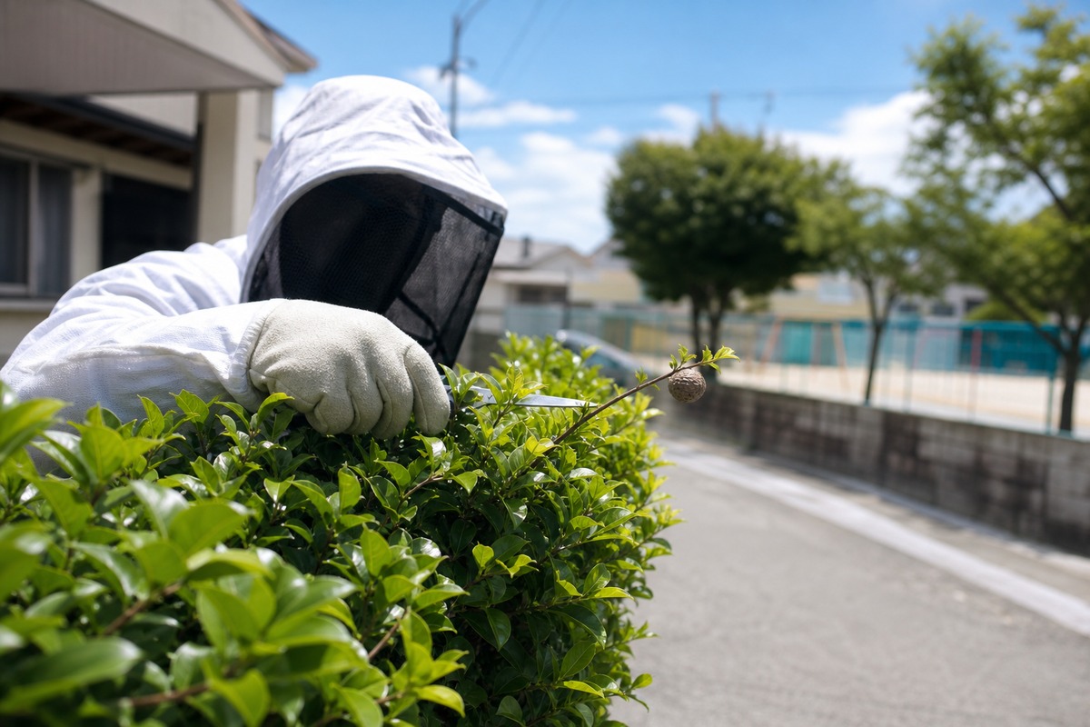 豊明市栄町の小学校近隣住宅でアシナガバチ駆除作業中