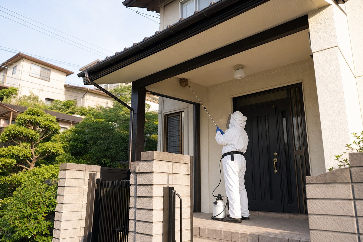 豊明市阿野町の住宅街でキイロスズメバチ駆除作業中