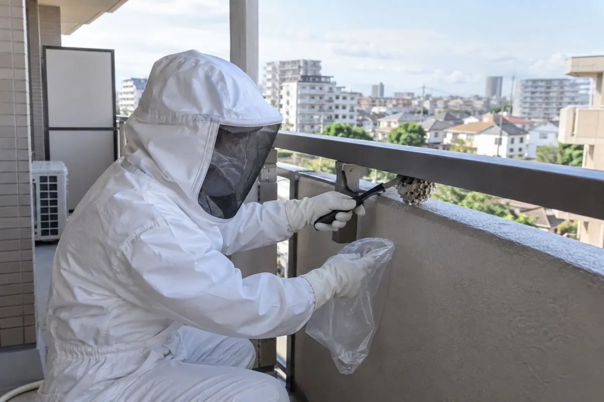 豊明市前後町の分譲マンション7Fでアシナガバチ駆除作業中
