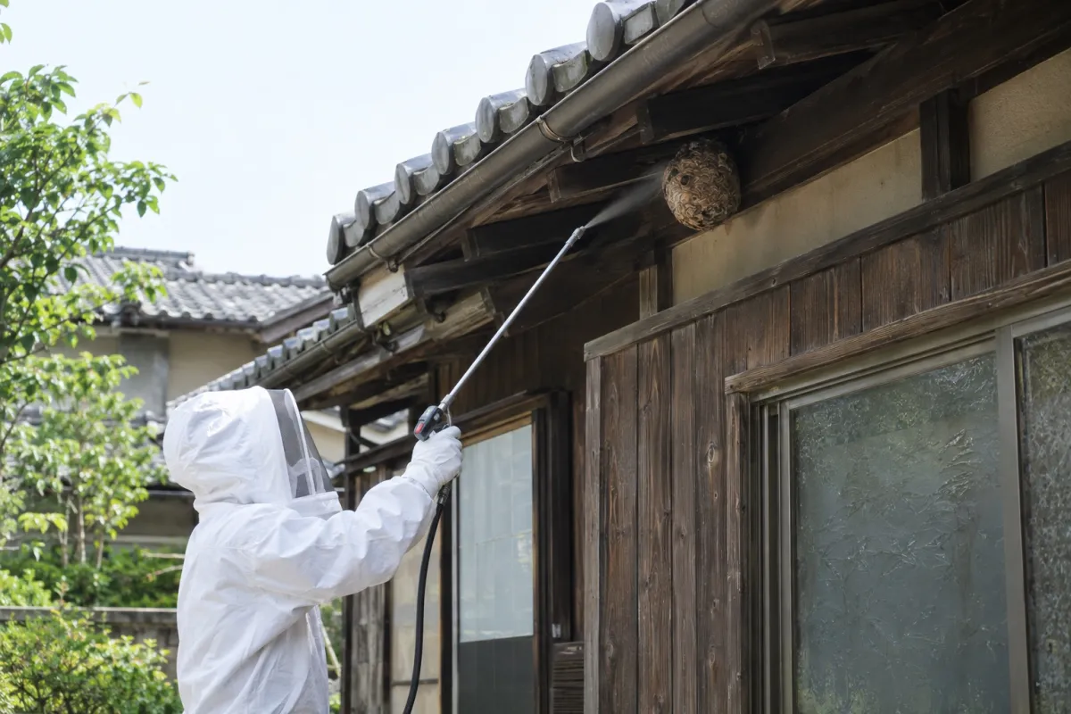 豊明市沓掛町の木造一戸建てでスズメバチ駆除作業中