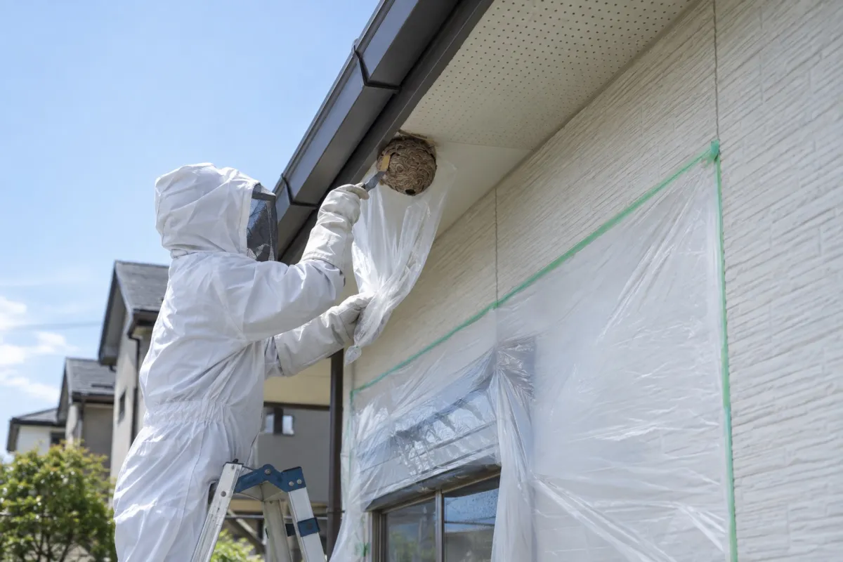 豊明市南舘の新築一戸建てでキイロスズメバチ駆除作業中