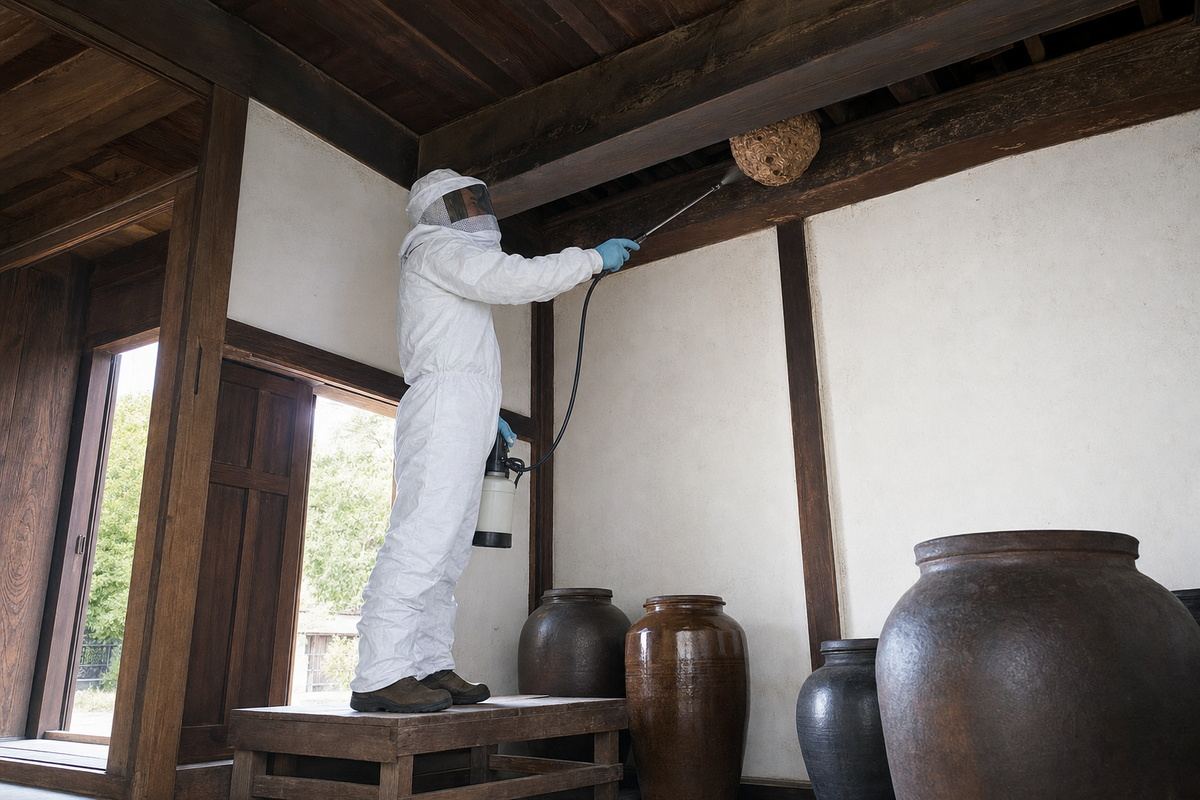 豊橋市二川町の宿場町古民家でオオスズメバチ大型巣駆除作業中