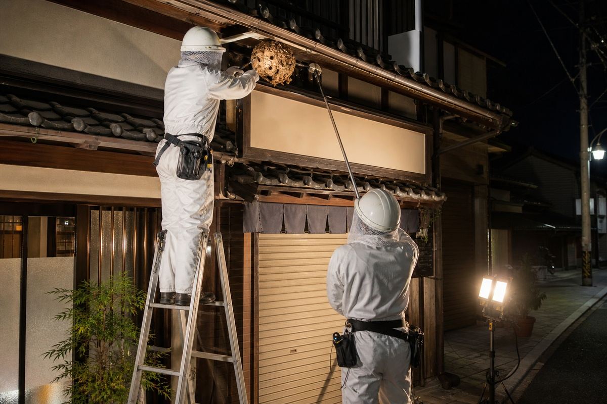 豊橋市老松町の和菓子店でキイロスズメバチ駆除作業中