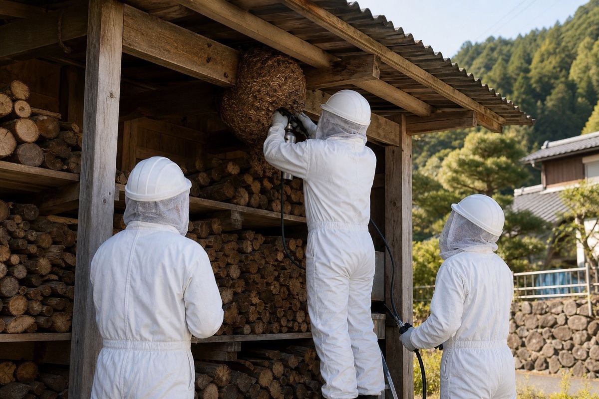 豊橋市嵩山町の山間部住宅でオオスズメバチ駆除作業中