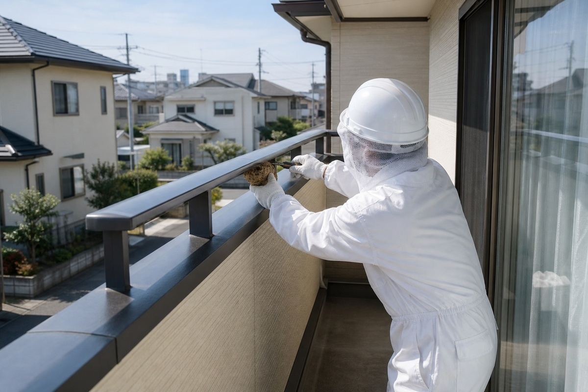 豊橋市石巻町の郊外住宅でアシナガバチ駆除作業中