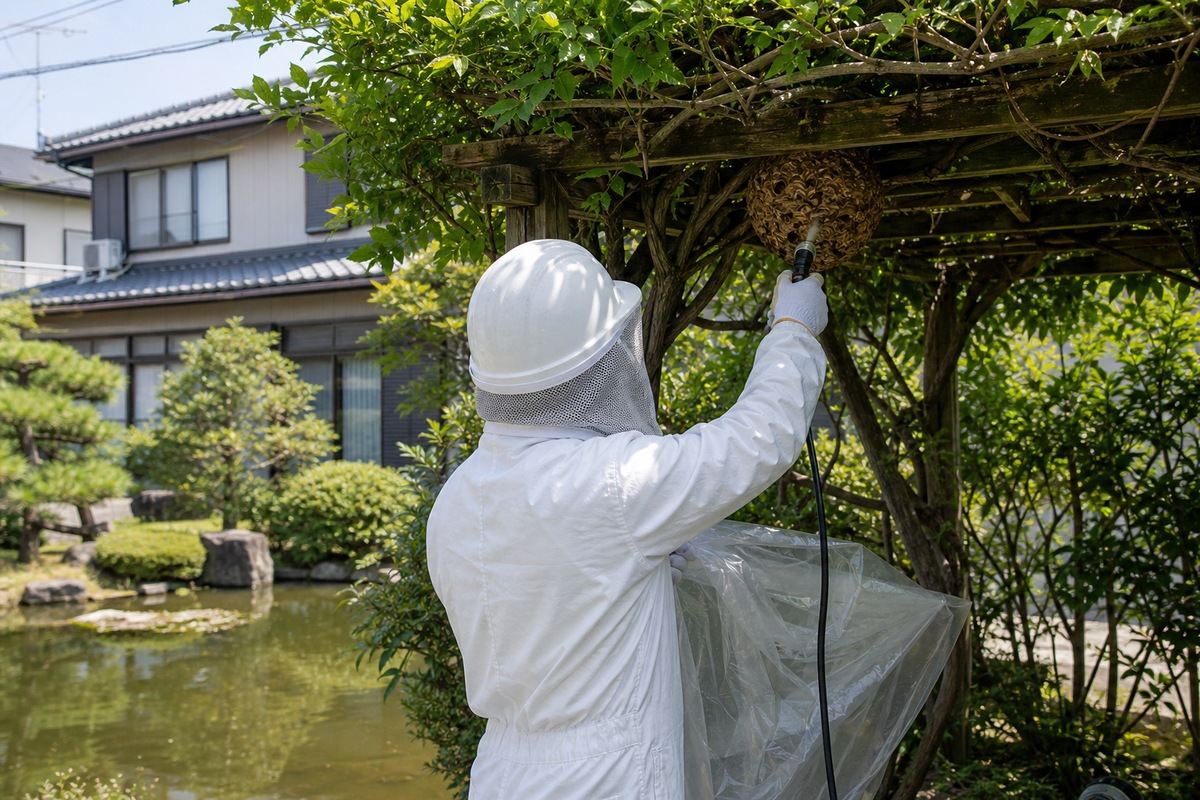 豊橋市杉山町の池近隣住宅でキイロスズメバチ駆除作業中
