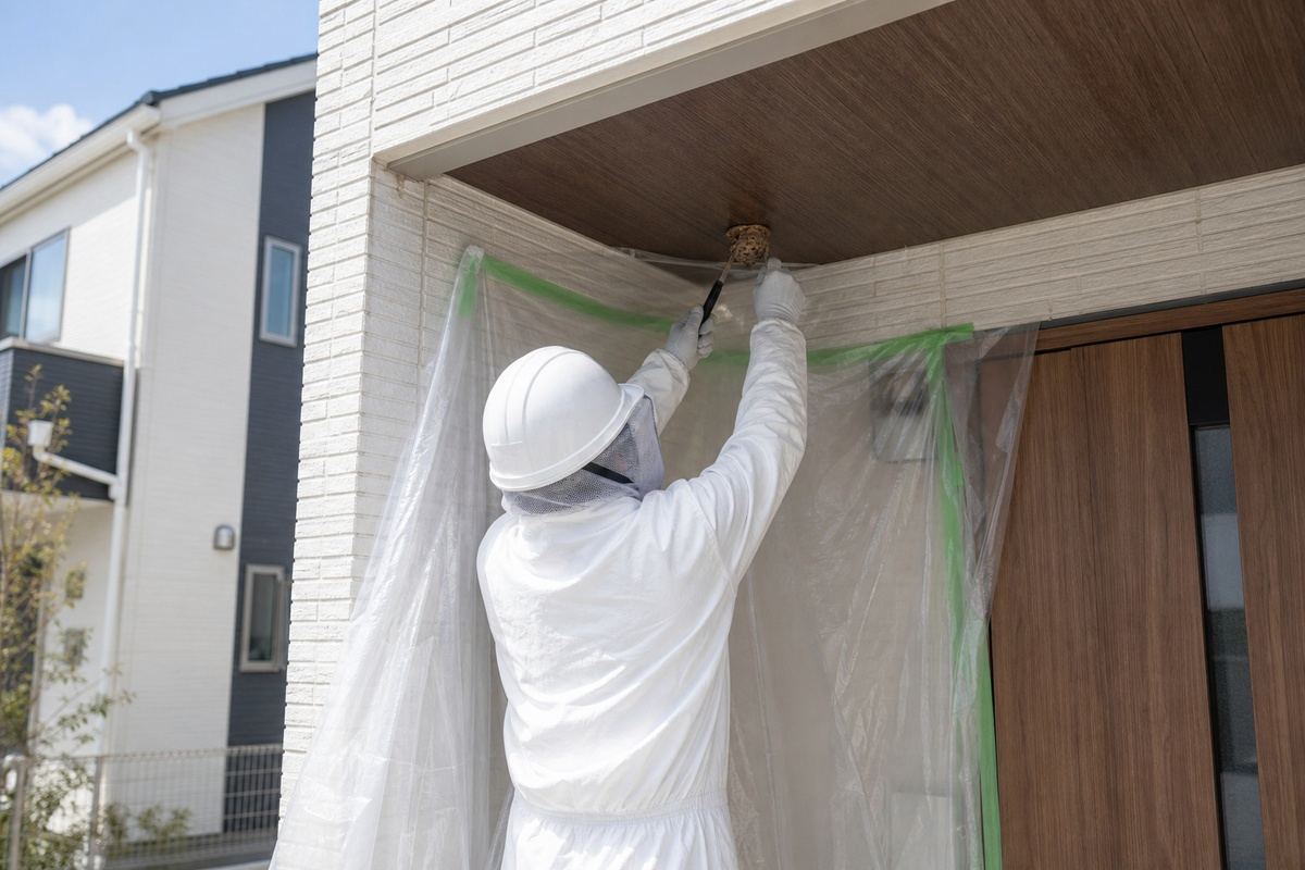豊橋市富士見台の新興住宅地でアシナガバチ駆除作業中
