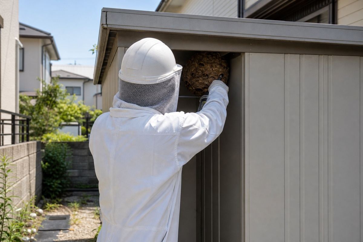 豊橋市弥生町の住宅地でキイロスズメバチ駆除作業中